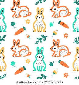 Rabbit seamless pattern design, Simple brush lines hand drawn, Cute background cartoon pattern for children, Modern vector illustration for textile, cloth, fabric, wrapping paper and print.