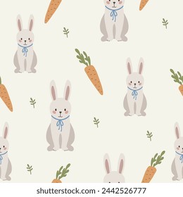 Rabbit seamless pattern, easter bunny hand drawn cute kids background, vintage retro pallete	