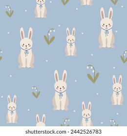 Rabbit seamless pattern, easter bunny hand drawn cute kids background, vintage retro pallete	