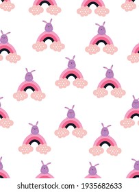 rabbit seamless pattern isolated on white background, happy cute bunny on rainbow, cartoon rabbit vector illustration for kids, easter pattern