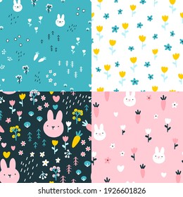 Rabbit seamless pattern set. Cute character with wildflowers and carrots. Baby cartoon vector in simple hand-drawn Scandinavian style. Nursery illustration on colorful palette