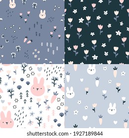 Rabbit seamless pattern set. Cute character with wildflowers and carrots. Baby cartoon vector in simple hand-drawn Scandinavian style. Nursery illustration on a pastel palette