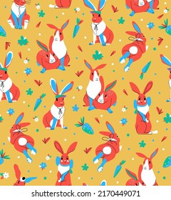 Rabbit seamless vector pattern with carrot and flower background. Perfect for textile, wallpaper or fabric, wrapping paper