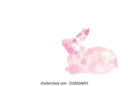 Rabbit (seated) looking up, cherry blossom and Japanese pattern silhouette.
