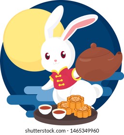 Rabbit Serving Chinese Tea and Moon cakes