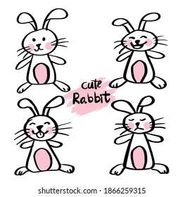 Rabbit set character in doodle style. Drawing, holiday.