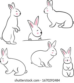 Rabbit set character vector illustration in doodle style drawn by hand. Cute Easter bunny
