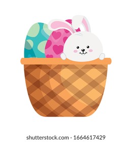 rabbit and set of cute eggs easter decorated in basket wicker vector illustration designicon