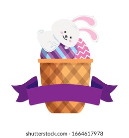 rabbit and set of cute eggs easter decorated in basket wicker vector illustration designicon