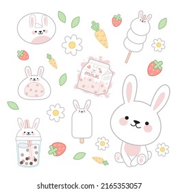 Rabbit set. Cute rabbit in kawaii style and different desserts, drinks, berries, carrots and leaves.