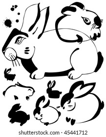 Rabbit. Set of Eastern. Ink art.