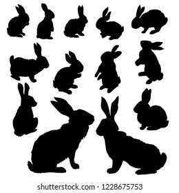 Rabbit Set, Isolated On White Background, bunny silhouette.