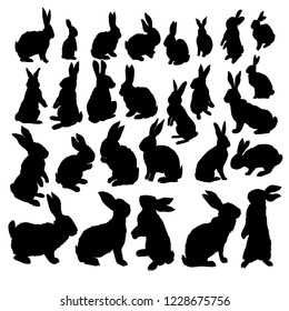 Rabbit Set, Isolated On White Background, bunny silhouette.