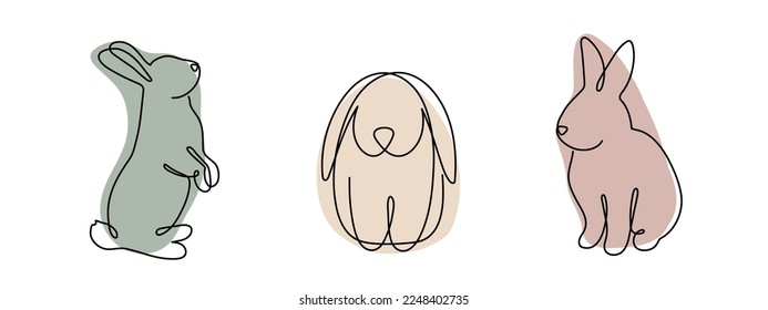 Rabbit set one line art, hand drawn bunny continuous  contour. Animals, symbol of 2023 by Chinese horoscope. Simple minimalist design. Editable stroke. Isolated. Vector illustration