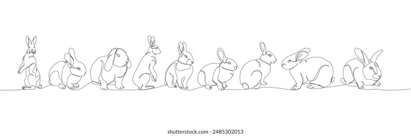 rabbit set, pet, animal husbandry, hare one line art. Continuous line drawing of farm, nature, agriculture, farm animals, rural life, ranch.