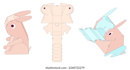 Rabbit  Shaped Folding Gift Box Design. Pinata for Children's Crafts and Holiday. Three-Dimensional Laser Cutting Template. Cardboard Die Cut Fully  Functional. No Glue Needed.