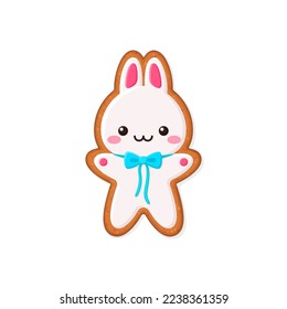 Rabbit shaped gingerbread cookie decorated with icing. Homemade sweets. Flat vector illustration isolated on white background. Useful for holidays greeting card, invitation and other design 