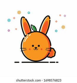 Rabbit shaped orange. Orange fruit and rabbit animals, nutrition for children, healthy diet, vector graphic, cartoon characters, outline style.