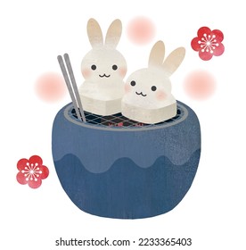 Rabbit shaped rice cakes on Japanese Hibachi for new years card