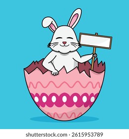 A rabbit is in sharded egg and holds a flyer board