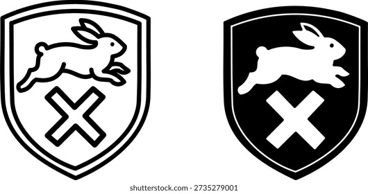 Rabbit shield cross icon. Cruelty free and no animal testing symbol