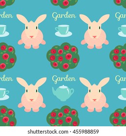 Rabbit and shrub roses. Text garden.The concept of tea in the royal garden. Seamless repeating pattern. Vector illustration.