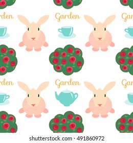 Rabbit and shrub roses. Text garden.The concept of tea in the royal garden. Seamless repeating pattern. Vector illustration.