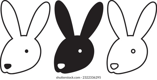 Dibujo de la línea de la cabeza lateral de conejo y silueta de relleno. Conejo con vista lateral. Ilustración vectorial sobre fondo blanco. Pegar para el refrigerador, en un auto, en una pared.