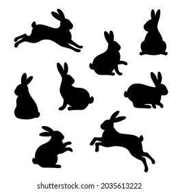 Rabbit silhouette black icons set isolated on white background. Vector illustration. Hare symbol for Happy Easter or Mid Autumn festival. Collection of bunny in various poses