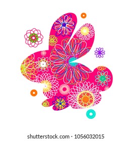 Rabbit silhouette with a bright abstract pattern. Vector illustration isolated on white background. Unusual bunny for the Easter design and cards