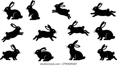Rabbit silhouette collection featuring jumping sitting running playful animal poses