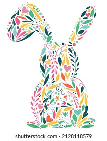 rabbit silhouette with colored patterns, flowers, leaves, swirls inside, cute vector element in a flat style