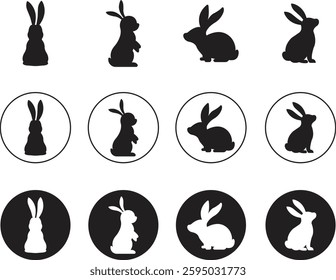 Rabbit silhouette of Easter bunnies icons set in flat styles. Perfect for Easter, spring celebration. Cartoon vectors elements. Ideal for nature and wildlife theme isolated on transparent background.