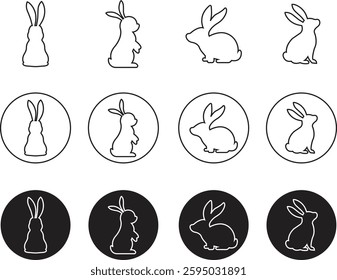 Rabbit silhouette of Easter bunnies icons set in line styles. Perfect for Easter, spring celebration. Cartoon vectors elements. Ideal for nature and wildlife theme isolated on transparent background.