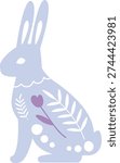 Rabbit silhouette with folk floral pattern, tulip sprig, and leaf ornament in clean shapes. Symbol of spring, renewal, and hygge charm for holiday branding. Cartoon vector illustration.