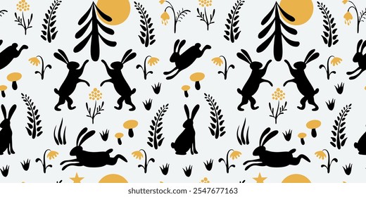 Rabbit silhouette in forest folk style seamless pattern design in black and yellow colors