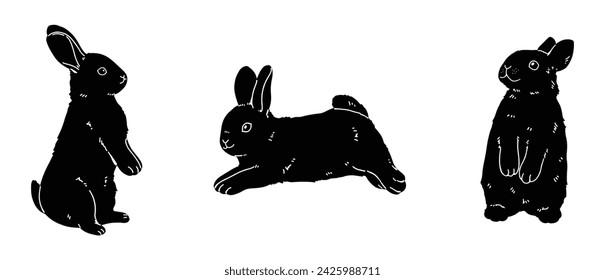 Rabbit Silhouette illustration. A realistic black rabbit that performs various poses. modern minimal style, Cartoon illustration isolated on white background. Vector illustration.