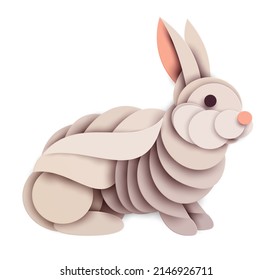 Silueta de conejo aislada en un fondo blanco. Animales de granja abstractos. Concepto creativo 3d en el estilo de corte de papel de caricatura artesanal. Carácter de diseño mínimo colorido. Ilustración vectorial geométrica moderna.