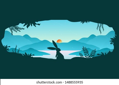 Rabbit silhouette with mountain panorama view from the cave