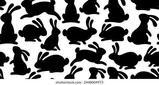 Rabbit silhouette pattern. Seamless vector bunny background. Black silhouette wallpaper. Easter or Mid Autumn hare. Cute rabbit animals on white. Cartoon bunny shape shadow. Jump, run, stand, sit
