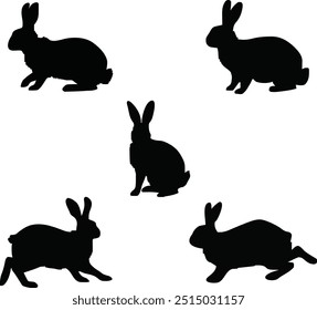 Rabbit silhouette set black flat vector 