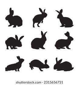 rabbit silhouette set collection isolated black on white background vector illustration