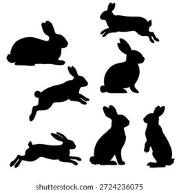 Silueta de conejo en diferentes poses de sentado y salto aisladas sobre fondo blanco para animales de la fauna silvestre y diseños temáticos de la naturaleza