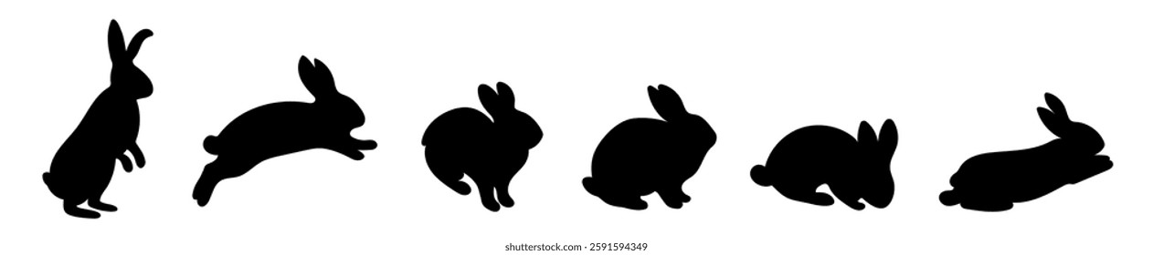 Rabbit silhouette set. Easter bunnies isolated on white backdrop. Cute animals, rabbits in different poses. Simple black hares icons.