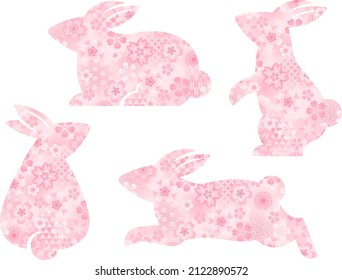 Rabbit silhouette set with pink cherry blossoms and Japanese traditional patterns