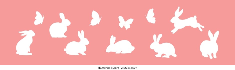 Conjunto de silueta de conejo, poses de liebre blanca y conejo, correr, sentarse y saltar Ilustración vectorial de vida silvestre