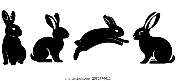 Rabbit Silhouette. Silhouettes of easter bunnies isolated on a white background. Set of different rabbits silhouettes for design use.