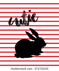Rabbit silhouette with text on stripe pattern in vector.