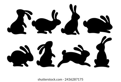 Rabbit silhouette. Vector bunny black silhouette. Easter or Mid Autumn hare icon. Cute rabbit animal isolated on white. Cartoon Easter bunny shape shadow. Jump, running, standing, sit illustration set