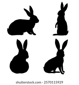 Rabbit Silhouette Vector illustration. Hand drawn hare, bunny. Linear Drawing of animal for design in cartoon style. Outline Sketch of mammal for icon, logo. Black etching of character design element.